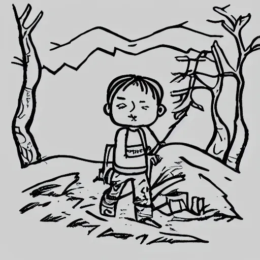 Prompt: little boy with a backpack in a forest, in the style of mcbess