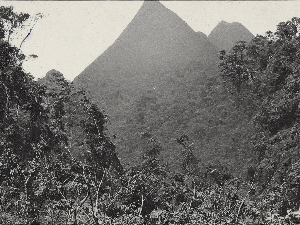Prompt: old photo of black pyramid in a jungle, 1884