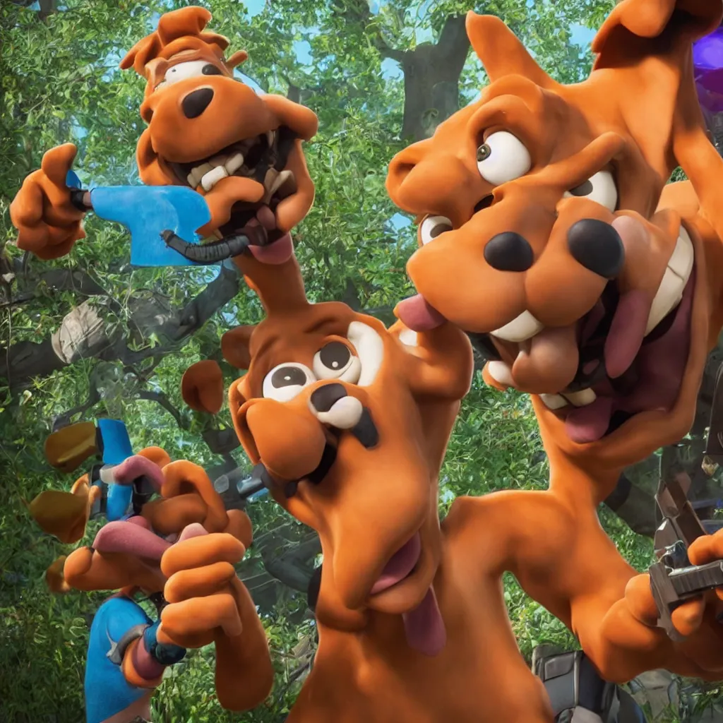 Prompt: scooby doo holding a shotgun in his mouth, unreal engine, 4 k, ray - tracing,