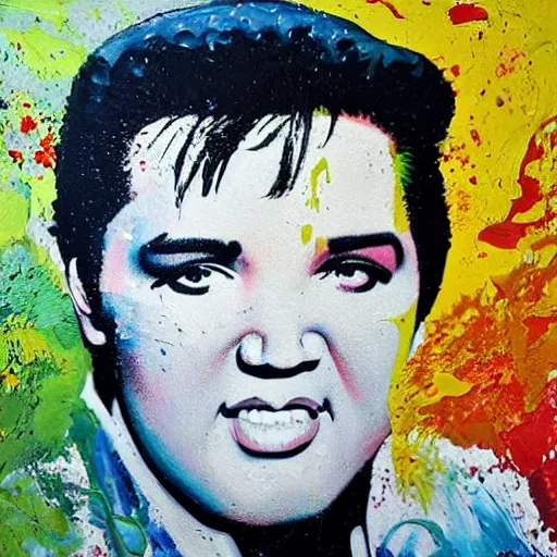 Prompt: Elvis Presley painted in extremely thick, glistening impasto splatter paint, in muted colours, in impressionist styles