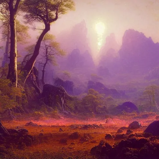 Prompt: A lovely picture of an alien landscape with mycelium aliens by John Berkey, by George Inness, by john Harris, forest made out of mushroom, purple and red and white gradient colour theme, trending on DeviantArt, rendered in blender, 8k resolution, Mountains