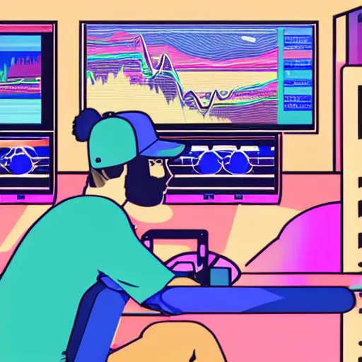 Prompt: a man sitting on his computer with a backwards hat staring at several computer monitors showing crypto trades, illustration, colourful, chill, anime asthetic, neon glow, gamer, playstation 2