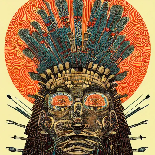 Image similar to illustration of mayan jaguar warrior, resolved, showing conviction or humor by a gloomy silence or reserve, by studio multi and victo ngai, malika favre, william s burroughs, cut up film