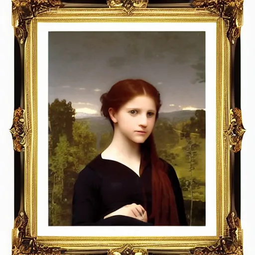 Prompt: Beautiful portrait of Ginny Weasley, relaxed pose, art by Giulio Romano and William-Adolphe Bouguereau and Max Nonnenbruch, gilded frame on gallery wall