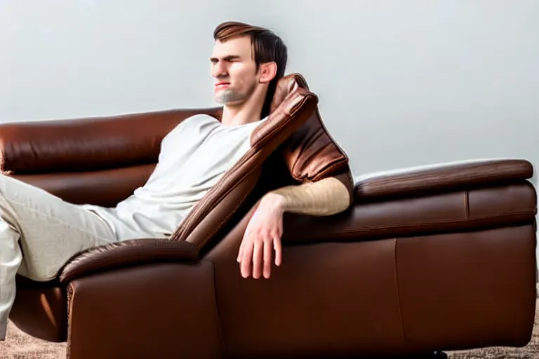 Image similar to a caucasian man relaxing on a brown reclined leather chair