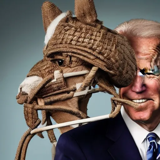 Prompt: uhd candid photo of joe biden wearing a basket - muzzle, with accurate face, real basket - muzzle, uhd, studio lighting, correct face, photo by annie leibovitz