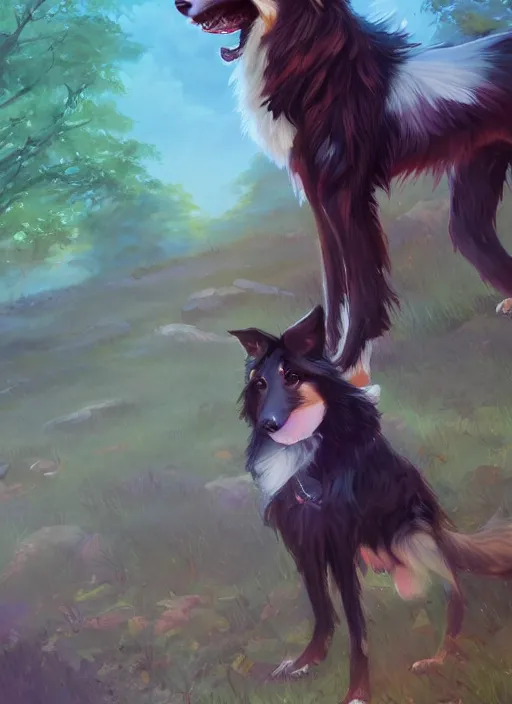 Image similar to beautiful wide angle full body portrait of a cute male anthropomorphic anthro border collie fursona wearing indigo clothes in a park, character design by charlie bowater, henry asencio, and ross tran, scenic background, detailed, glamor pose, aesthetic, trending on artstation, furaffinity, deviantart