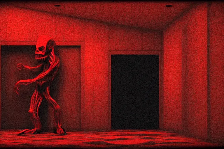 Prompt: cctv footage of an extremely dark empty room with evil horror humanoid cryptid monster made out of static, dark deep black shadows, crimson red and black color contrast in the style of trevor henderson and james ensor goya, liminal space, 3 d render, glitch effect