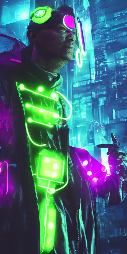 Image similar to cyberpunk neon man with visor ultrarealism