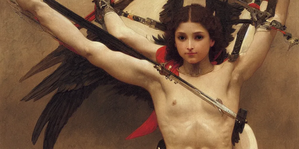 Image similar to portrait of a fully armed skeleton archer with big sword, wearing helmets and armor with wings, symmetrical, solemn, sacred, aura, by bouguereau