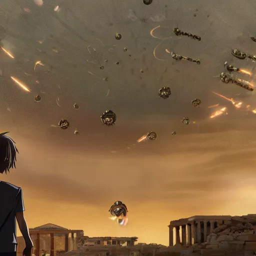 Image similar to Still from anime movie about Tiny Donald Trumps invasion Ancient Athens, UFOs, portrait, intricate, 8k highly professionally detailed, HDR, CGsociety