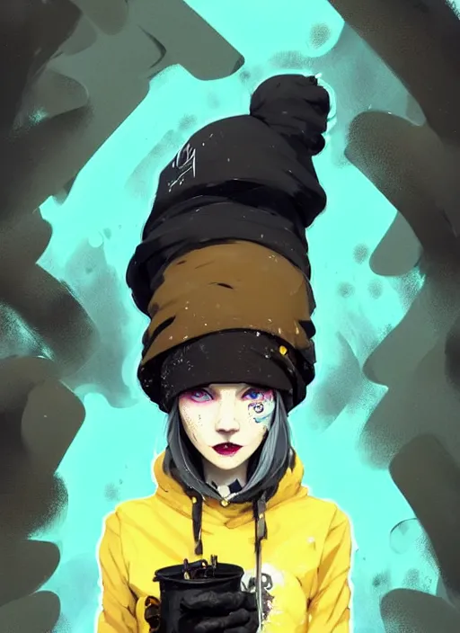 Image similar to highly detailed portrait of a sewerpunk student lady, blue eyes, hoody, beanie hat, white hair by atey ghailan, dustin nguyen, by greg rutkowski, by joe fenton, by greg tocchini, by kaethe butcher, gradient yellow, black, brown and cyan color scheme, grunge aesthetic!!! ( ( graffiti tag wall background ) )