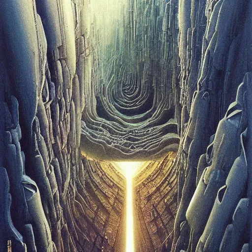 Prompt: The world is labyrinthine beyond possibility of imagining, inhabited on many levels by alien intelligence, infinite in extent, staggering in its beauty, terrifying in its weirdness, endlessly satisfying and peculiar, by Ralph McQuarrie and Bruce Pennington, cinematic lighting, hyper realism, high detail, iridescent accents