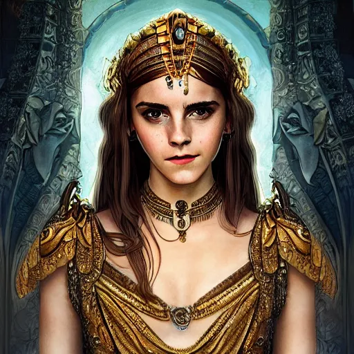 Prompt: Emma Watson as Cleopatra, cute, fantasy, intricate, elegant, highly detailed, digital painting, 4k, HDR, concept art, smooth, sharp focus, illustration, art by artgerm and H R Giger and alphonse mucha