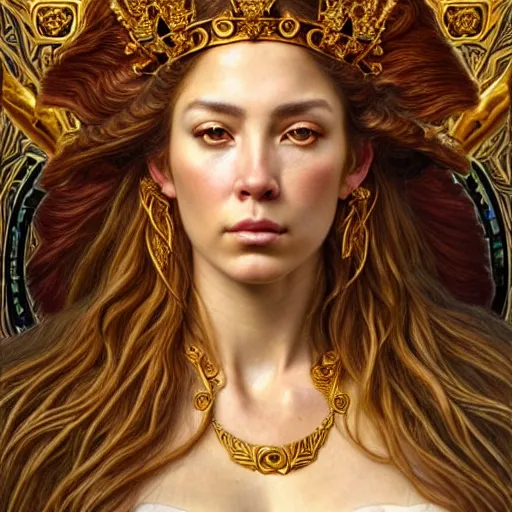 Prompt: highly detailed portrait of a majestic lioness queen in the form of a beautiful woman. d & d, art by donato giancola and evelyn de morgan and eugene delacroix and fenghua zhong. trending on artstation, intricate details, energetic composition, golden ratio, concept art, illustration, elegant art, global illuminaition