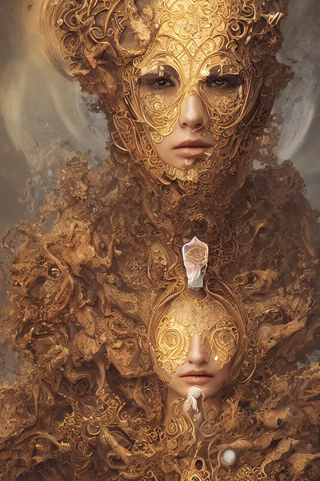Prompt: human portrait, face, wearing a carved mineral mask with tiny mineral incrustations, godness, ethereal, elements, golden ratio, baroque, rococo, white + orange + ink + tarot card with ornate by marc simonetti, peter mohrbacher, detailed, intricate illustration, octane render, fractal bacground, sacred. mechanical