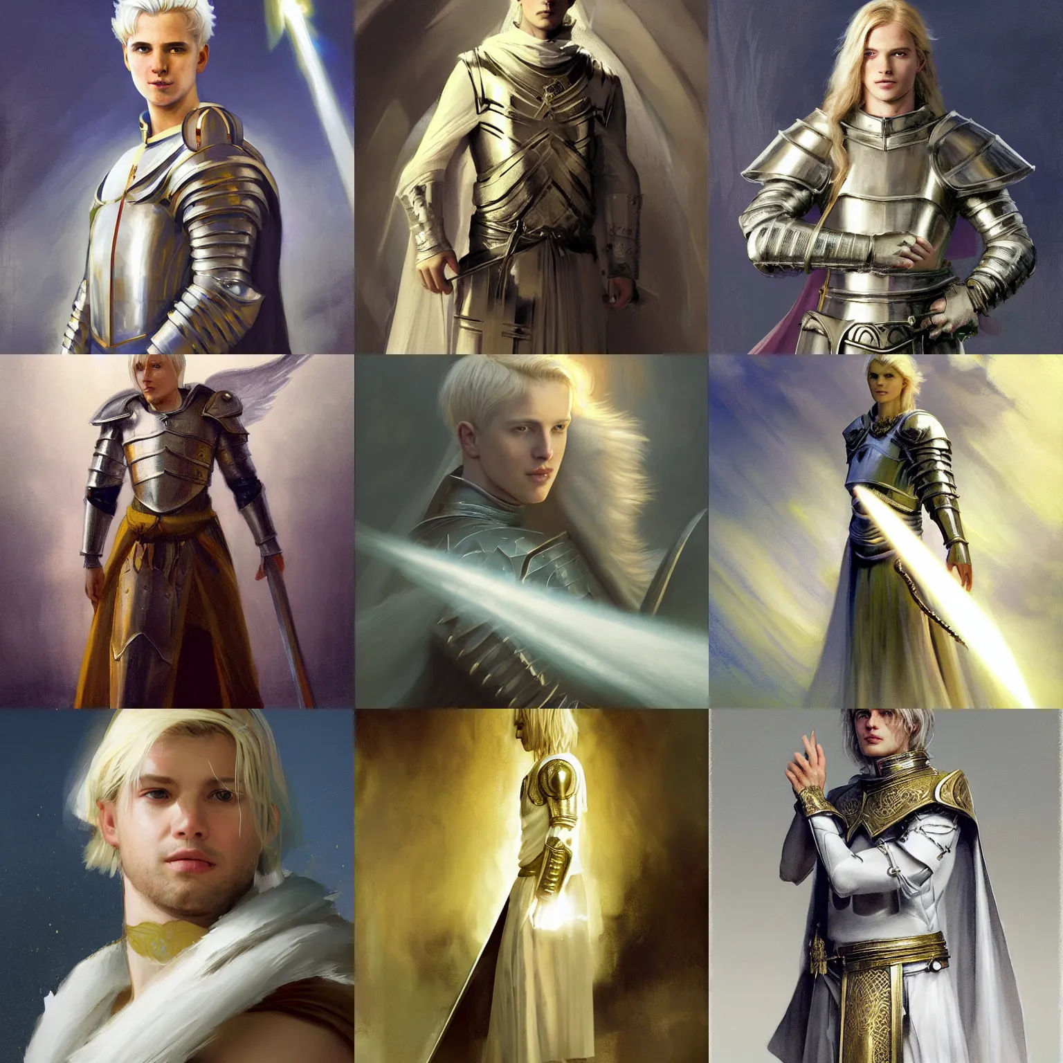 Prompt: Portrait of a young Aasimar man wearing a holy knight's garb with short platinum blonde hair a kind face a halo of light and a distantly hopeful expression, cinematic lighting, detailed, beautiful, illustration by Greg Rutkowski, Andrei Riabovitchev Jean Giraud Tom Anders Zorn, Edward Hopper and Ilya Kushinov, Frederick Bacon, Tom Anders Zorn, John Collier, Vladimir Abat-Cherkasov