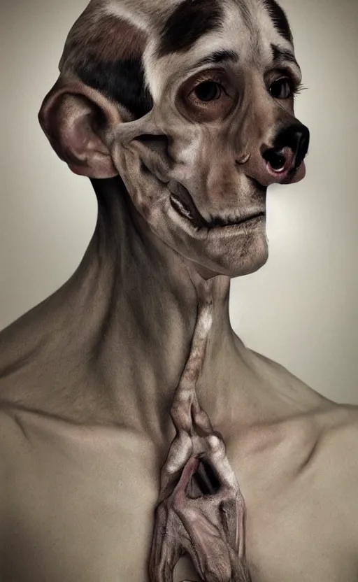 Image similar to human borzoi, human with elongated face and skull, dog man, cute, strange, surreal, hyperrealistic