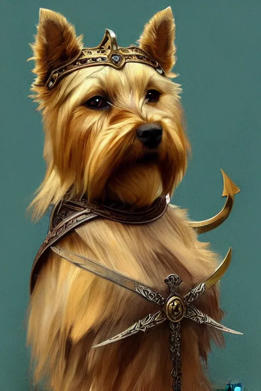 Prompt: norwich terrier as an Viking vwarrior, fantasy, long hair, intricate, elegant, highly detailed, digital painting, artstation, concept art, smooth, sharp focus, illustration, art by alphonse mucha