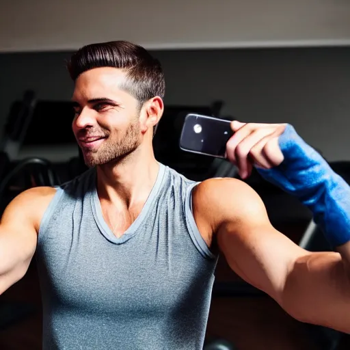 Image similar to rich young man, 3 2 years old, with short stubble, caramel - colored hair, muscles wrapped in polyester tank top, silver short leggings, taking selfie at camera in private gym