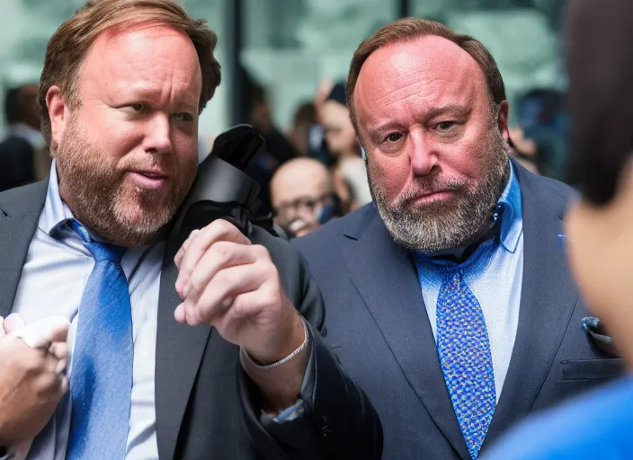 Image similar to dslr photo still of infowars host alex jones in a blue suit fat grey beard and mustache in an!!! apple store trying talking to an employee in a panic!!!, 5 2 mm f 1. 8