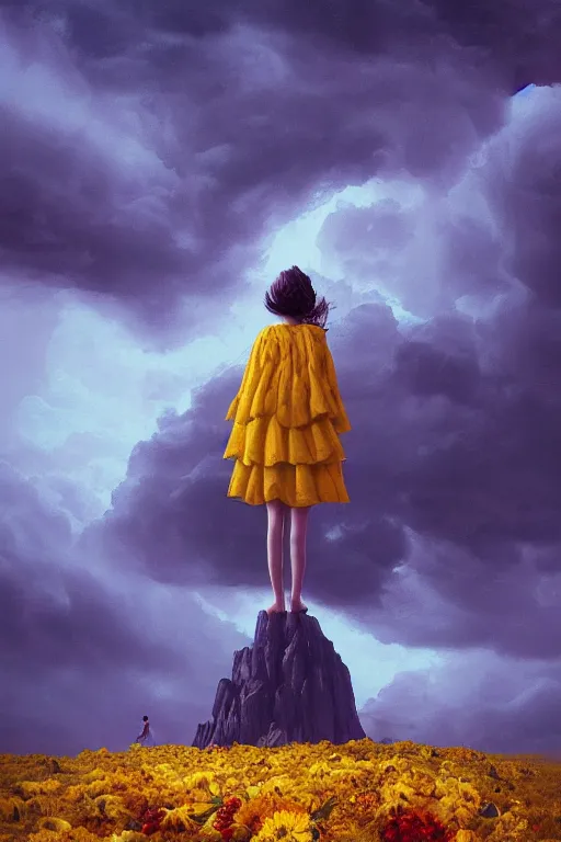 Image similar to closeup girl with huge yellow dahlia flower face, intricate, standing on mountain, surreal photography, blue storm clouds, dramatic light, impressionist painting, digital painting, artstation, simon stalenhag