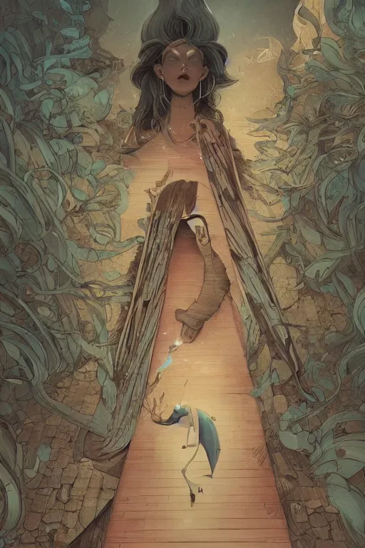 Prompt: a girl walking to a giant wooden door with archaic symbols embedded onto, digital art, very graphic illustration by peter mohrbacher and victo ngai and jean giraud, drawing, clean line, hd, colorful comics style