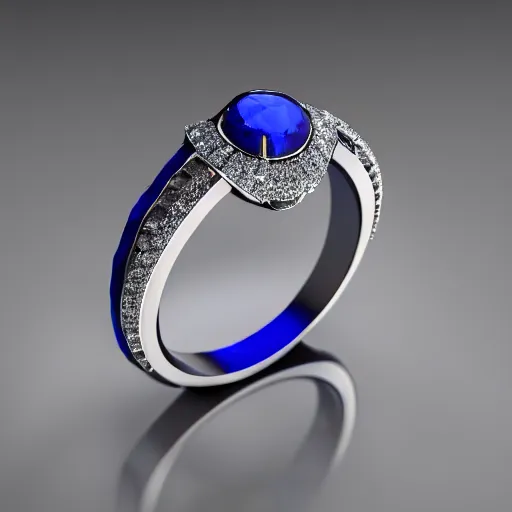 Prompt: A ring with a deep blue sapphire stone set on a hyper detailed engraved platinum band, V-ray, 8k, Octane Render, Unreal engine