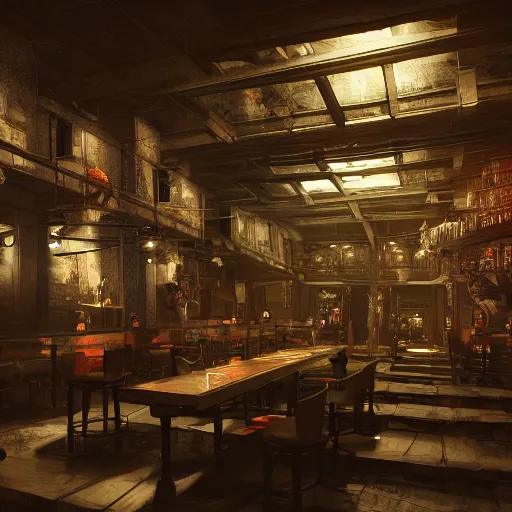 Prompt: ultra mega super hyper realistic Digital concept interior design of Cyberpunk tavern mixed with medieval style. Natural sunlight from the transperient roof . Rendered in VRAY and DaVinci Resolve and MAXWELL and LUMION 3D, Volumetric natural light