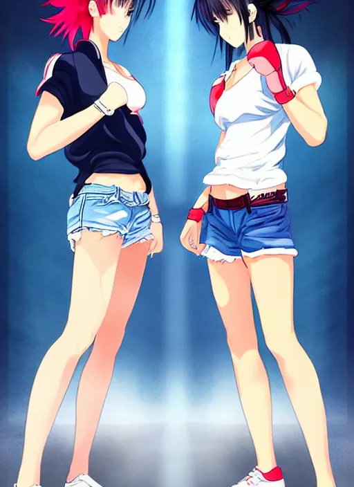 Prompt: two beautiful female fighters taunting each other, denim shorts, white top, dim lighting, gorgeous features, smooth, detailed anime art