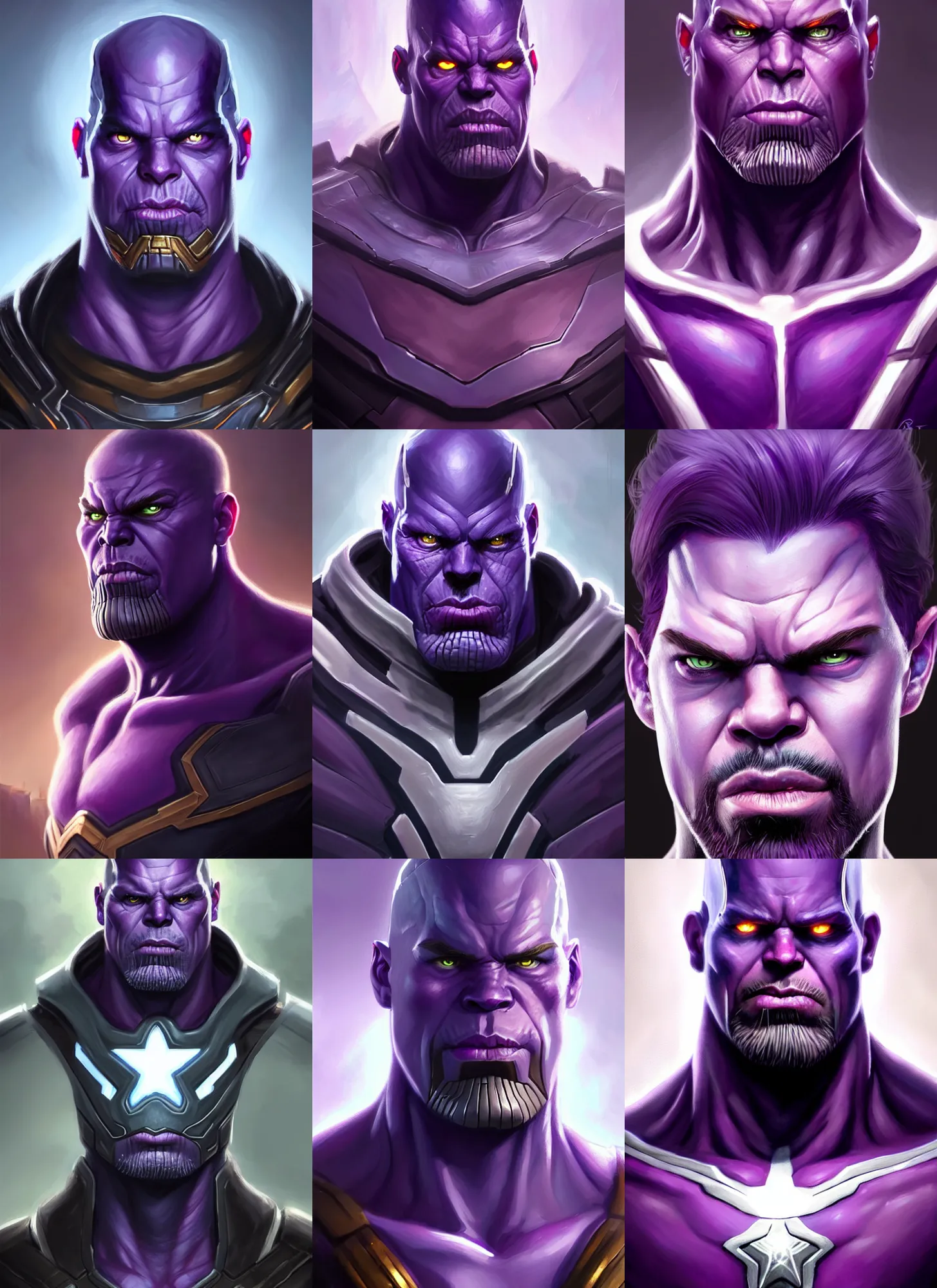 Prompt: a fantasy style portrait painting a character if winter soldier and thanos had a son, purple skin, powerful chin, thanos style traits, painting, unreal 5, daz., rpg, portrait, extremely detailed, artgerm greg rutkowski _ greg