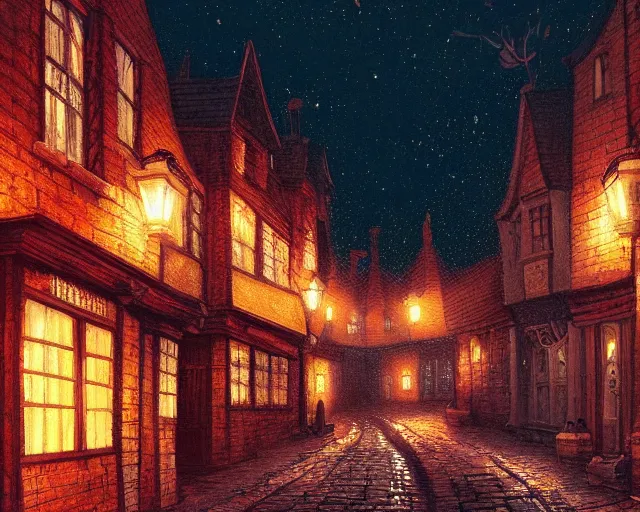 Prompt: A medieval, magical London street at night, Tudor houses, digital painting by Alena Aenami, trending on artstation