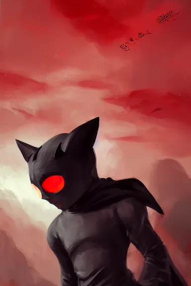 Prompt: little boy with cat ears in an black outfit with red cape. digital painting made by lois van baarle and marc simonetti, sharpness focus, inspired by hirohiko araki, anatomically correct, heroic composition, hero pose, smooth