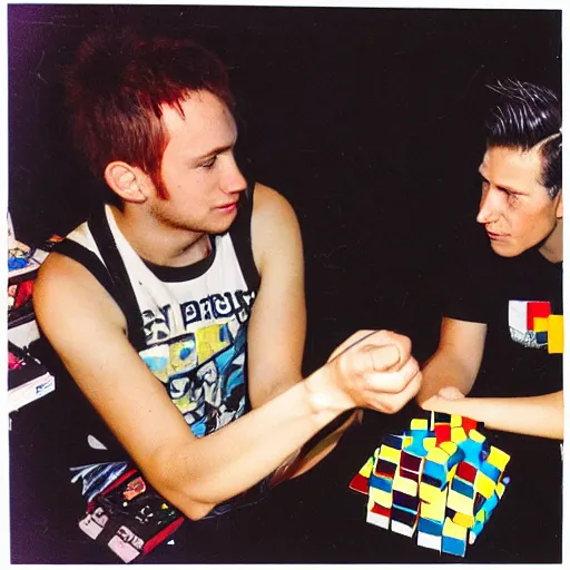 Image similar to Disposable camera picture of punk rockers trying to solve a Rubiks cube