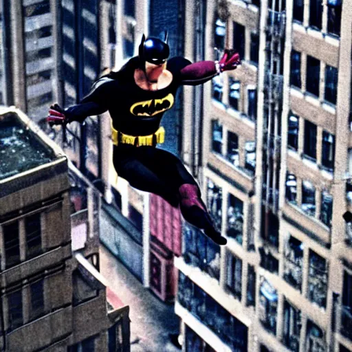 Prompt: a man jumping from a building, still from a batman film