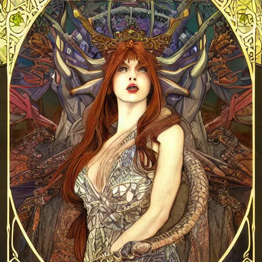 Prompt: portrait of the dragon queen by artgerm and H R Giger and alphonse mucha, Dragon in dragon lair, HD, full body dragon concept, flying dragon, Human body with dragon features, beautiful queen, perfect face, ray tracing, 4k realistic 3d rendered portrait, soft shading, soft colors, relaxed colors, hyperdetailed, wide angle lens, fantasy, futuristic horror, armor style of giger