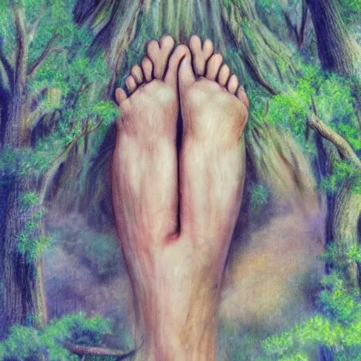 Prompt: forest, three eyed spirits, wide shot, soft colors, hands, feet, ground very detailed, wet eyes reflecting into eyes reflecting into infinity, natural lighting