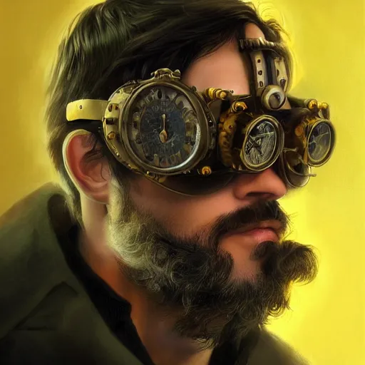 Prompt: an inventor, steampunk goggles, thin beard, messy black hair, d & d, solid yellow background, fantasy, intricate, cinematic lighting, highly detailed, digital painting, artstation, concept art, smooth, sharp focus, illustration, art by artgerm and greg rutkowski and alphonse mucha