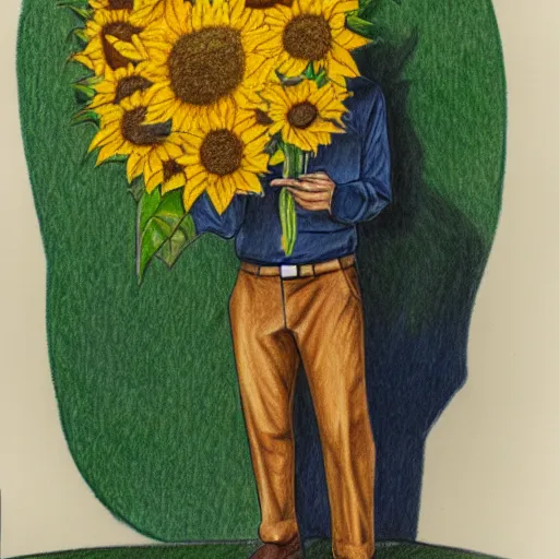 Prompt: full body shot of a man with a sunflower instead of a head wearing a business suit, color pencil sketch