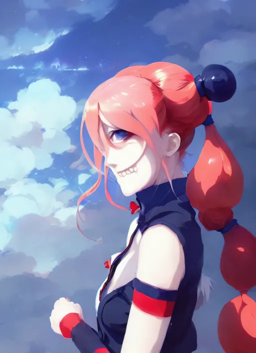 Image similar to portrait of cute anime harley quinn, cloudy sky background lush landscape illustration concept art anime key visual trending pixiv fanbox by wlop and greg rutkowski and makoto shinkai and studio ghibli