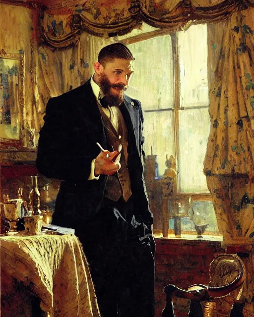 Image similar to tom hardy ( ( ( beard ) ) ) clean - shaven, reciting poetry to a room full of businessmen, painting by gaston bussiere, craig mullins, j. c. leyendecker
