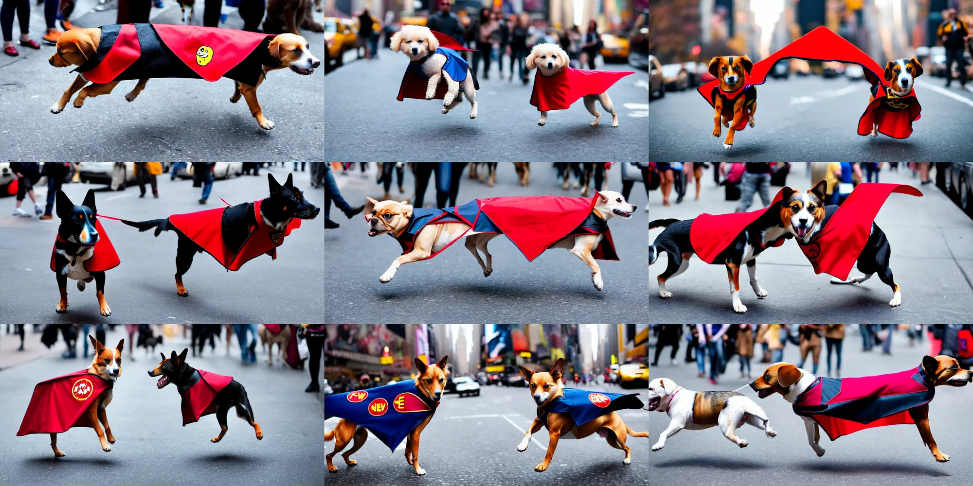 Prompt: a dog wearing a cape flying through new york