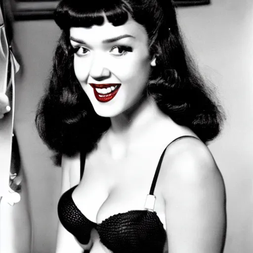 Image similar to a high def photo of Jessica Alba as Betty page as a Dominatrix in pause looking in shock and awe at her own bust that has just expanded to a 48GG from her normal C cup, vintage color photo, high detail, s&m setting