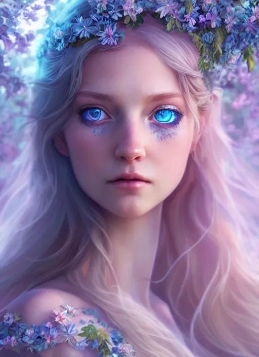 Prompt: portrait of a gorgeous fairy princess of the forest, perfect blue eyes, detailed iridescent floral pattern skin, 8k render, ultra realistic, cinematic lighting, artstation, artgerm