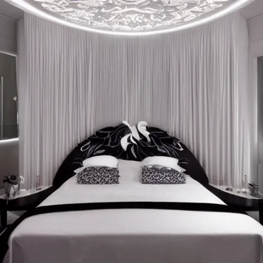 Image similar to a cozy bedroom decorated by zaha hadid, detailed, high resolution, wow!, intricate