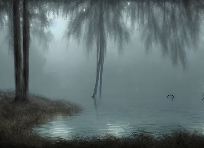 Prompt: swoock lake. a spooky lake always covered by mist and buzzing insects in a forested area. inspired by balaskas christopher