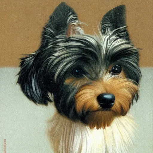 Prompt: Yorkie dog, extremely detailed masterpiece, illustration, by Michael Sowa,