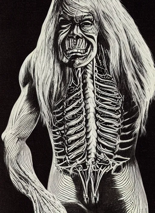 Prompt: full page scan of detailed vintage anatomical drawing of Stephen King as Jordy Verrill in Creepshow (1982), illustrated, intricate writing, highly detailed