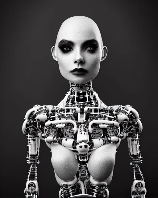 Prompt: surreal mythical dreamy dark artistic black and white fine art 3 / 4 portrait photo of a young delicate female robot - mutant - vegetal - cyborg with long pale feathers, rim light, cinematic, studio dramatic light, poetic, octane render, 8 k, photo - realistic