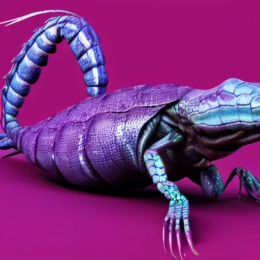 Prompt: purple alien reptile creature crustacean character concept with many legs detailed photo realistic 3d render 4k